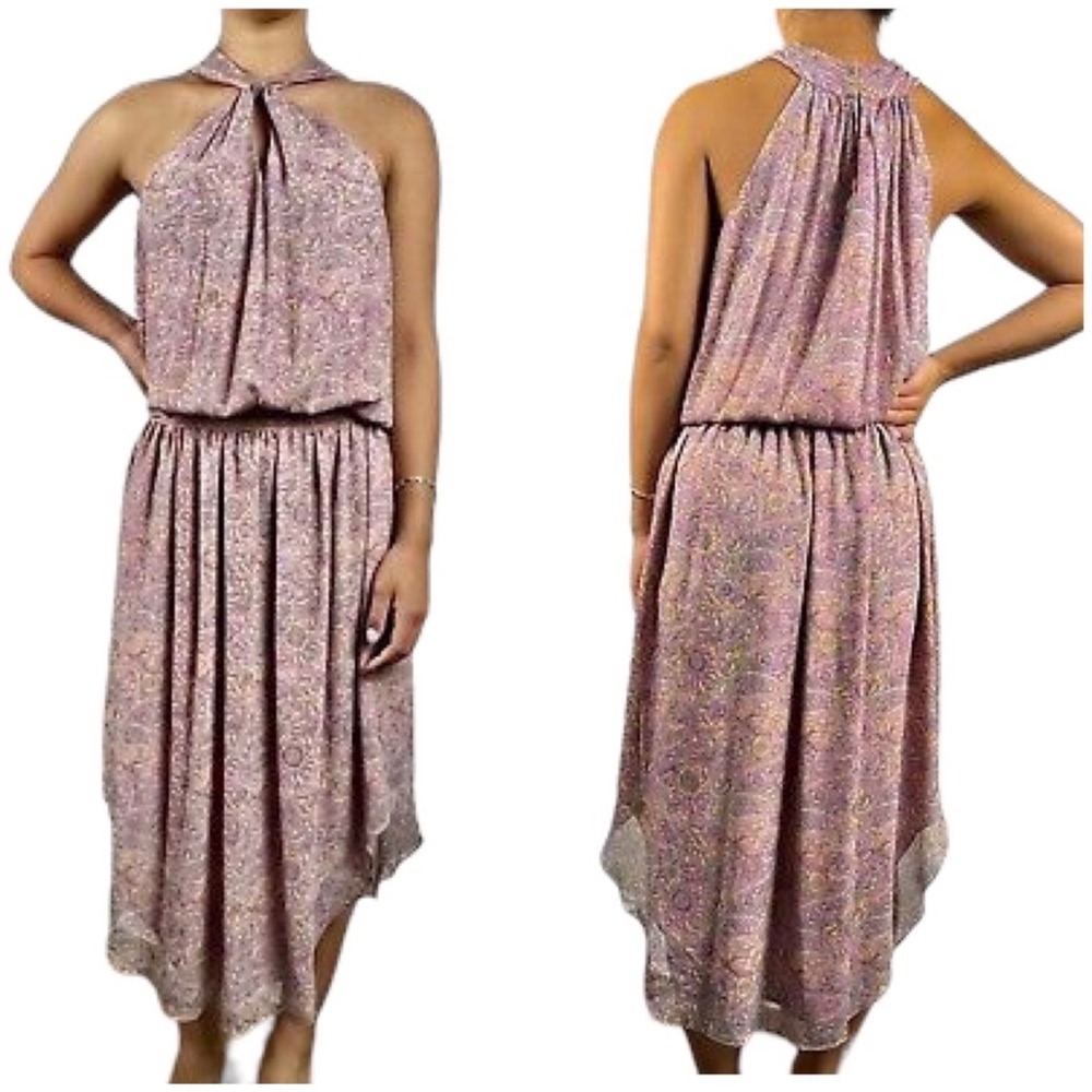 Ramy Brook Pink Paisley Smocked Chiffon Midi Printed Kent Dress size M